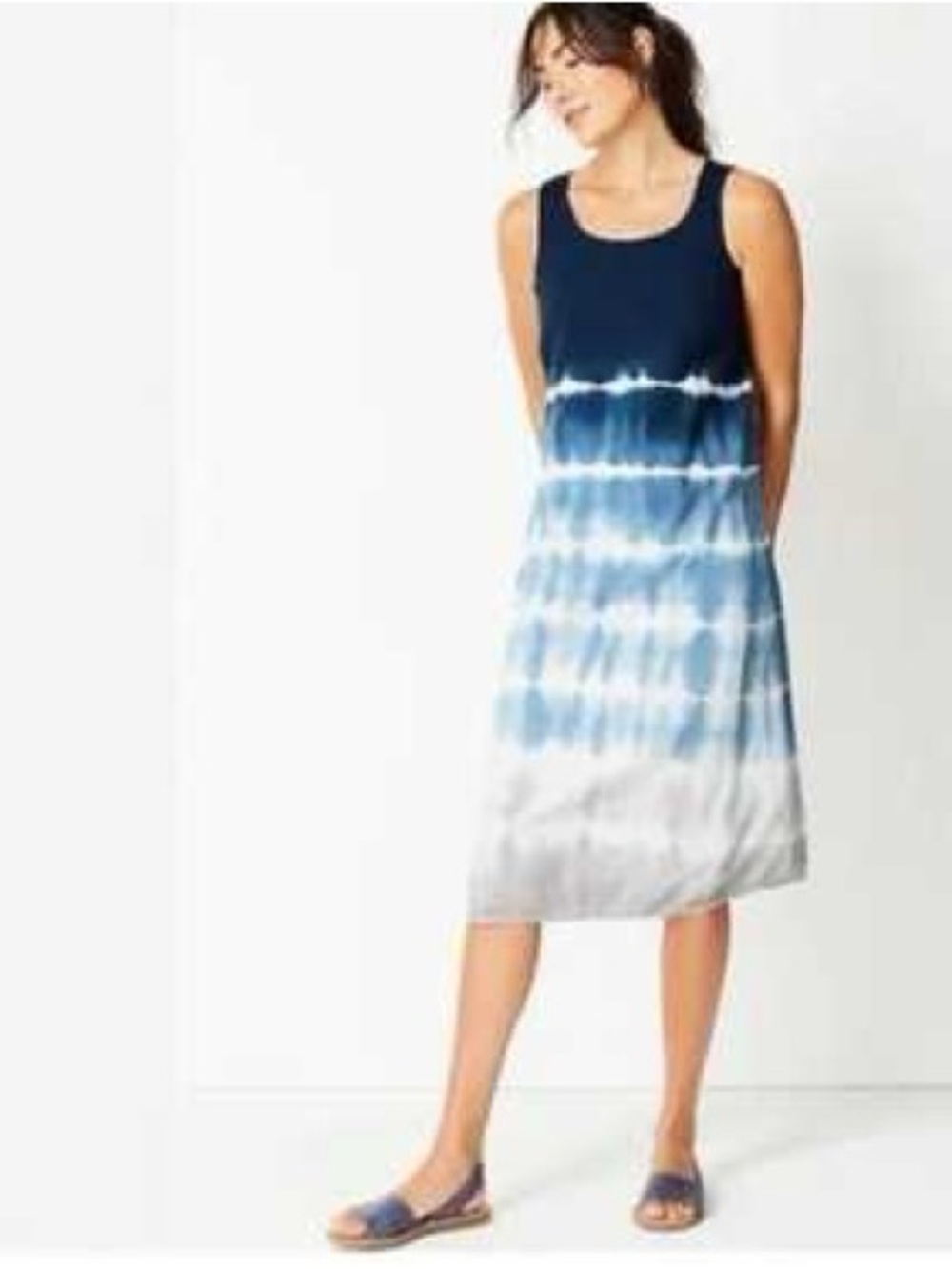 Pure Jill Petite Blue & Gray Tie-Dye Ombre Cotton Blend Tank Dress - Size PM